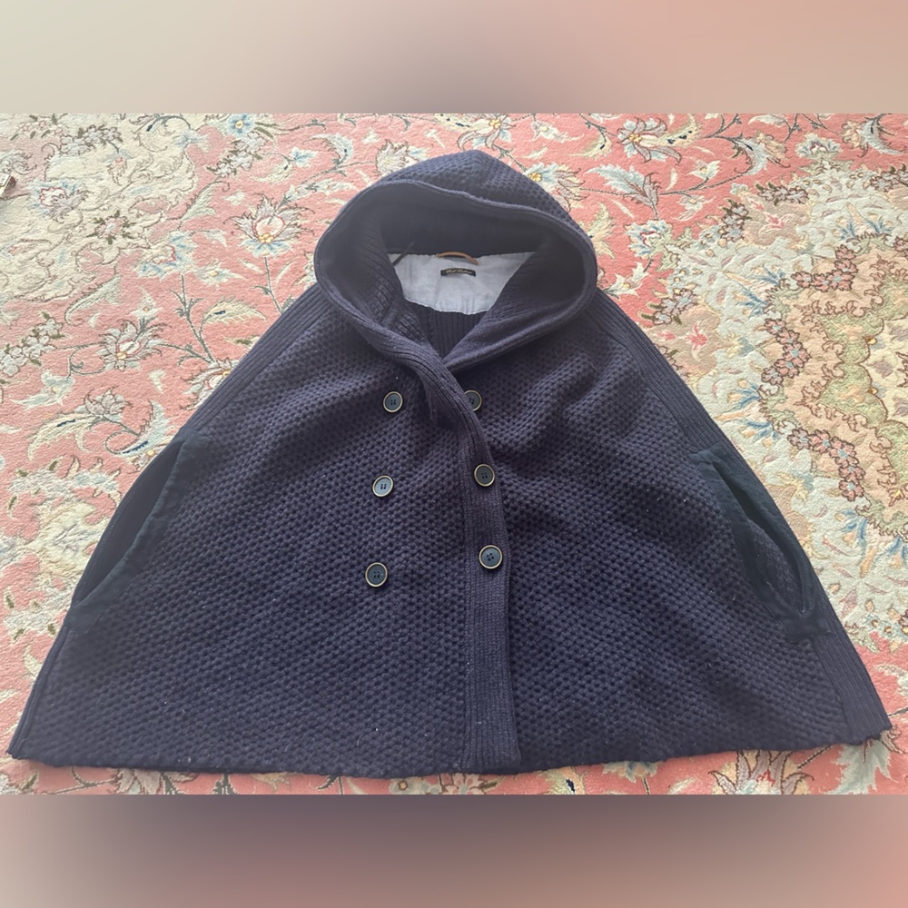 Massimo Dutti Wool-Cashmere Navy Cape – XS – Hooded Double-Breasted Poncho Style - Picture 2 of 7